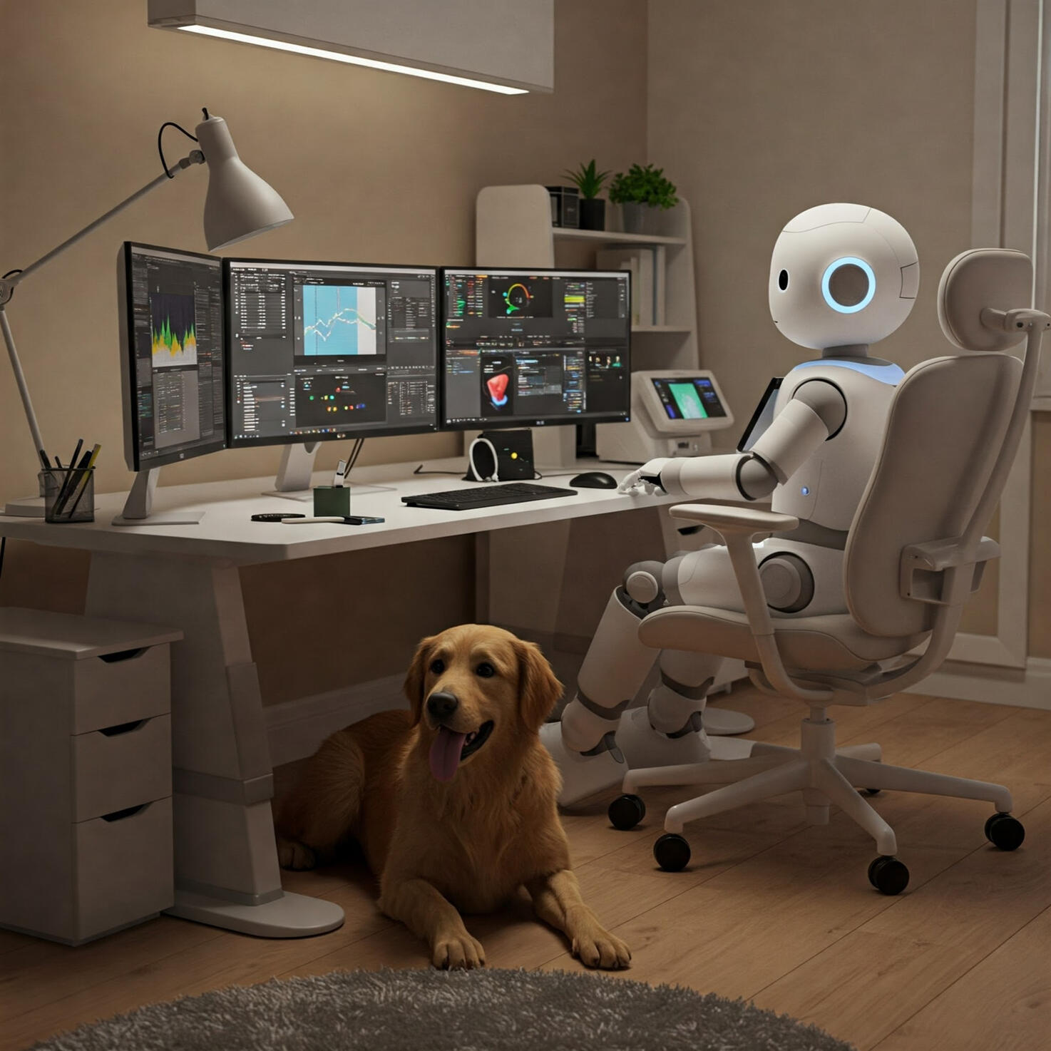 A robot sitting at a desk, being productive, enjoying his dog's company.